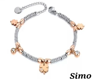 DAMEN ARMBAND STAHL HERREN ROSEGOLD ZIRKONIA KLEEBLATT GLÜCK SEXY ANHÄNGER - Bild 1 von 3