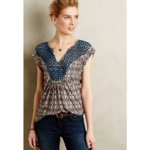 Usado en Excelente Condición Anthropologie Prado Rue Encaje Crochet Sin Mangas Top Túnica Tostado Azul Marino Boho - Imagen 1 de 10