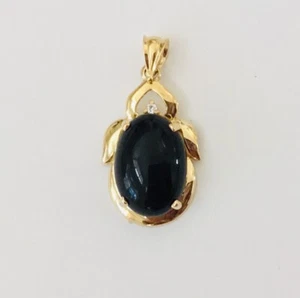 Solid 14K Yellow Gold Natural Oval Black Onyx & Cubic Zirconia Pendants NEW - Picture 1 of 6