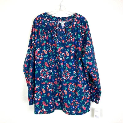 Blusa Croft & Barrow Nueva con Etiquetas Popover Talla 2X Algodón Azul Marino Rojo Naranja Manga Larga Foto 1 de 4