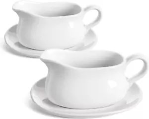 Gravy Boat with Saucer Stand 17Oz Set of 2 Ceramic White Sauce Boat with Tray - Picture 1 of 12