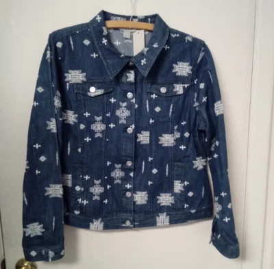 Laura Ashley 蓝色牛仔西南刺绣水晶纽扣牛仔裤夹克 Lg 全新 — 第 1/4 张图片