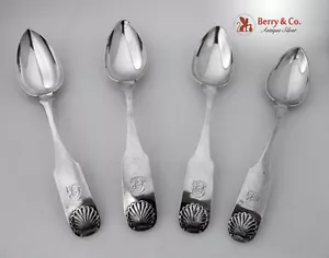 John Curry Shell Dessert Spoons 4 Pcs Coin Silver Phila 1830 Mono CB - Picture 1 of 5