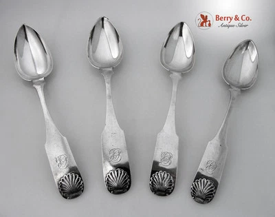 John Curry Shell Dessert Spoons 4 Pcs Coin Silver Phila 1830 Mono CB - Image 1 of 4