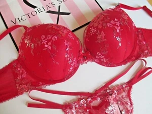 VICTORIA'S SECRET VERY SEXY Red Push-Up Bra and Thong Panty Set VS 34C 36B M NWT - Picture 1 of 14