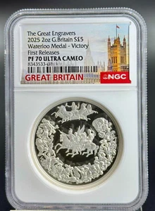 2025 Great Britain UK £5 Engravers Waterloo Medal PF 69 Victory 2oz Silver Coin - Picture 1 of 7