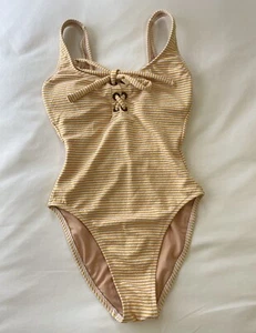 J Crew Lace-up Seersucker One-Piece Swimsuit Sz 2 Orange Stripes - Style # AV281 - Picture 1 of 11