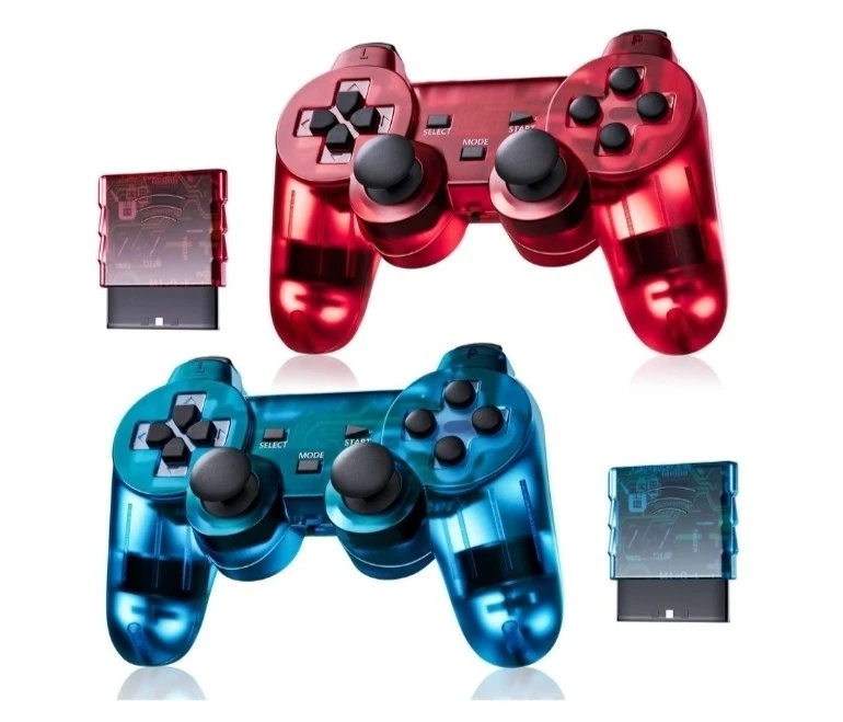 Playstation 2 Replacement Controller 1 Red 1 Blue With Wireless Receiver Card - Image 1 of 1