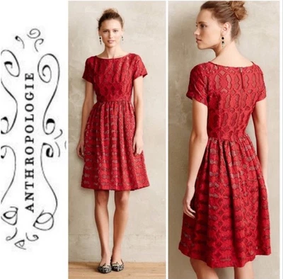 Vestido Antropologie Moulinette Soeurs Rubí Encaje Rojo Rojo Hasta la Rodilla Talla 0 Foto 1 de 4