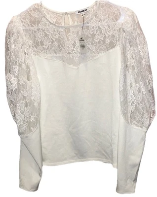 Blusa Express Blanca Manga Larga Rosa Encaje Escote y Mangas Borde Mediano Nueva Foto 1 de 4