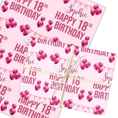 Personalised Wrapping Paper 18th Birthday Pink Girls Custom Gift Wrap - Image 1 of 4