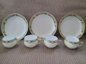 Bavaria Belmont 534 Handpainted Deco China Vintage Gold Green 4 Cups & 3 Bowls - Picture 1 of 7