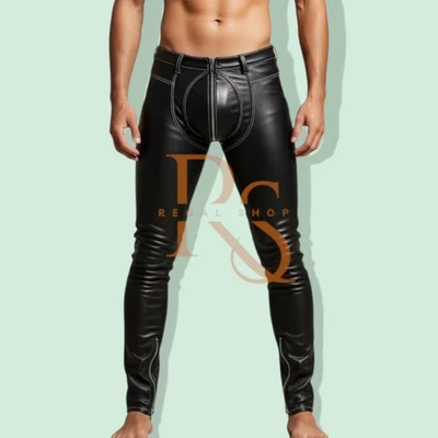 Unisexo Adulto Hombre Negro Gay Cuero Vestido Pantalón Piel de Cordero Genuino Cuero Pantalón Foto 1 de 3
