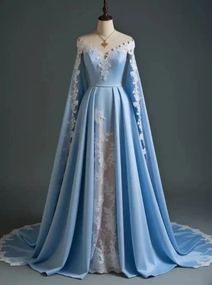 Elegant Blue Satin Wedding Dresses Off the Shoulder Lace Appliques A Line Gowns - Image 1 of 4
