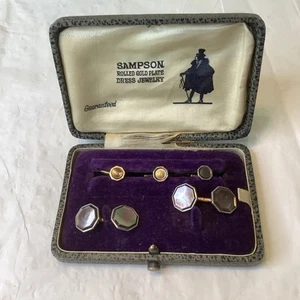 Vtg Sampson Chain Link Cufflinks Rolled Gold Plate Abalone Pearl & Shirt Studs - Picture 1 of 10