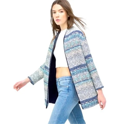 Zara Blue Blazer Jacket Tweed Jacquard Open Front Stripe White M - Image 1 of 4