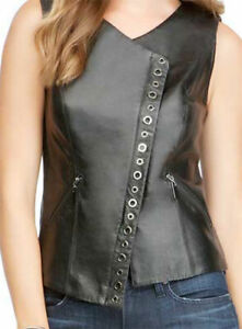 New Women's Genuine Leather Top Shirt Sexy Stylish Sleeveless Coat WT022