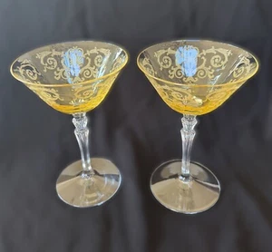 Set of 2 Fostoria Versailles Etch Topaz Yellow Champagne Coupe Glasses - Picture 1 of 5