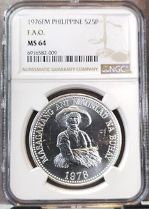 1976 PHILIPPINES SILVER 25 PISO FAO NGC MS 64 BEAUTIFUL BU COIN - Picture 1 of 3