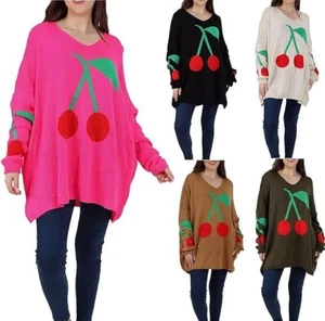 Women’s Cherry Print Knitted Sweat Jumper Long Sleeve V Neck Printed Sweater - Picture 1 of 14