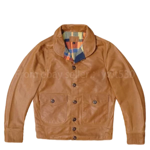 Italian Fetal Cowhide Men's Classic Lapel Cossack Leather Vintage Jacket - Picture 1 of 11