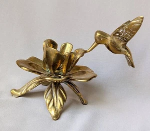 Vintage Solid Brass Hummingbird Lotus Flower Sculpture Candle Holder - Bild 1 von 10