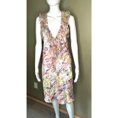Vestido Midi Poleci Seda Volantes Cuello Slvls Remolinos Blanco Rosa Estampado Y2K Talla 8  Foto 1 de 4