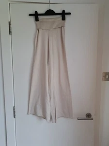 Stradivarius Wide-Leg Knit Trousers Loungewear XS Cropped Fold Over Ivory BNWT - Picture 1 of 14