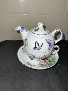 Porcelain Stacking Teapot Teacup and Saucer Butterfly Pattern Fine China New 07 - Picture 1 of 5