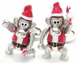 Jan Leslie Santa Claus Monkey with moving limbs Cufflinks Silver 925 24mm x 15mm - Picture 1 of 6