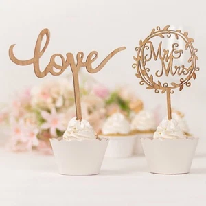 2 Natural Wooden Love and Mr & Mrs Wedding CAKE TOPPERS Party Events Decorations - Picture 1 of 9
