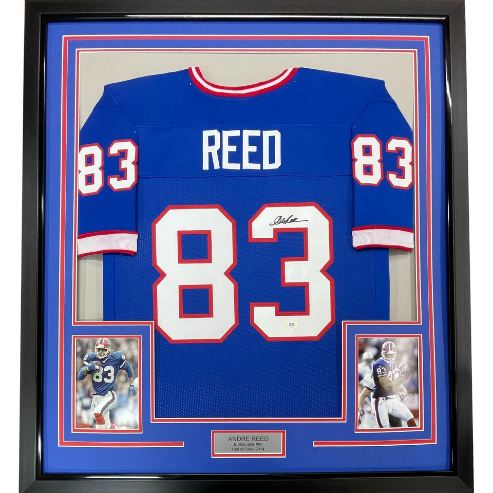 Framed Autographed/Signed Andre Reed 33x42 Buffalo Blue Jersey PSA/DNA COA - Image 1 of 2