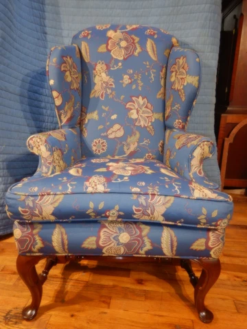 Quality Wingback Arm Chair Blue Mahogany Queen Anne style Cover