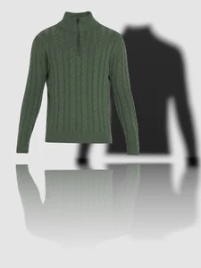 $896 Bergdorf Goodman Men Green Cable-Knit Cashmere Ribbed Half-Zip Sweater Sz M - Picture 1 of 2