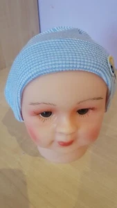 Baby striped cotton hat for baby in blue with embroidered little car, size 0-3m. - Picture 1 of 5