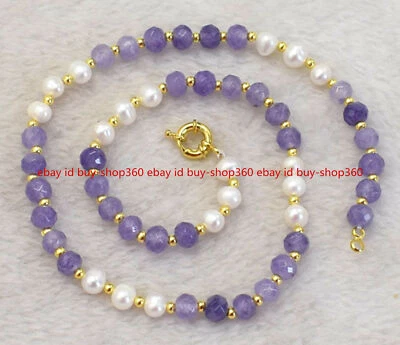 Collar de perlas blancas naturales de 8 mm de piedras preciosas de alejandrita facetadas púrpura de 7-8 mm de 18"" Foto 1 de 4