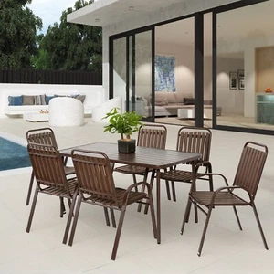 7 Piece Patio Dining Set for 6 Outdoor Furniture Plastic Chair Steel Table - Picture 1 of 14