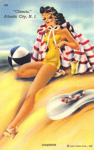 Atlantic City NJ Curt Teich Linen Bathing Beauty "Cheerio" Postcard - Picture 1 of 2