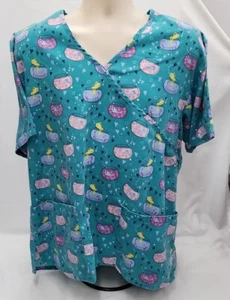 Carols Scrubs Fish Bowl Teal Blue Green Scrub Vneck Top Medium Double Pocket - Imagen 1 de 3