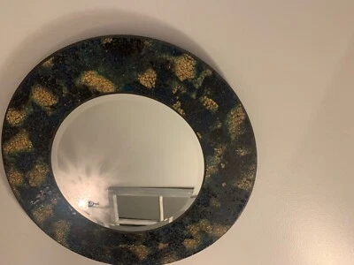 Round mosaic wall mirror, super pretty. Green, teal, blue. - Image 1 of 4