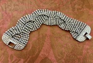 Vintage braided rhinestone bracelet wide thick boutique style bridal wedding EUC - Imagen 1 de 4