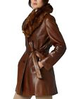 Women Brown Genuine Real Leather Winter Fur Collar Belted Trench Coat Over Coat