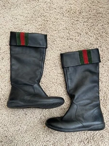 girls Gucci Fold Over Tall Boots US 11 EU 28 Black Leather Round Toe Suede - Picture 1 of 9