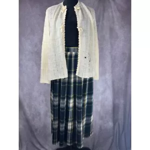 Vtg 60s 2 Pc 100% Wool Set Plaid Pleated Tartan Maxi Skirt & Cream Knit Sweater - Picture 1 of 17