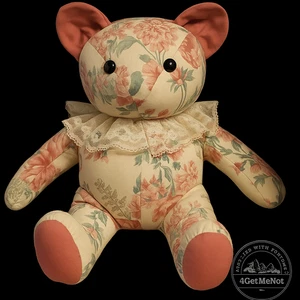 Vintage Floral Fabric Teddy Bear w/ Lace Collar – 13” Decor Bear - Picture 1 of 4