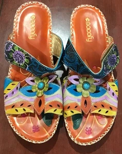 Socofy Womens Boho Flowers Sandals Soft Handmade Leather EU Sz 41 US Sz 10 - Picture 1 of 4