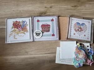 Lot of 3 CRAFTY-HOT PLATE Cross Stitch Kits - Bouquet , Patchwork Heart, Apple - Picture 1 of 6