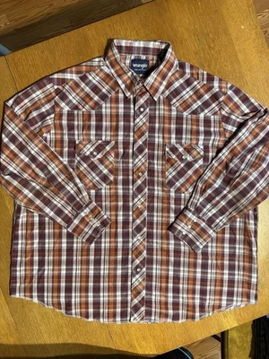 Wrangler Western Shirt 2XL Big Plaid Pearl Snap Cowboy Maroon Rust Cotton Blend - Image 1 of 4