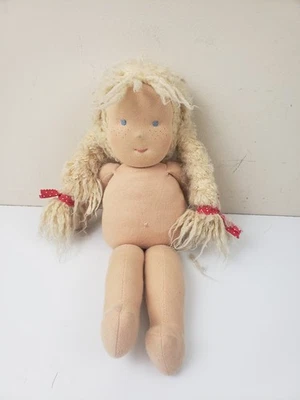 Vintage Käthe Kruse Handmade Waldorf Cloth Doll Blonde Braids Freckles Nude - Image 1 of 4