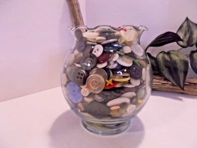 Lot of Vintage and/or New Buttons in Clear Glass Flower Vase - Mixed Media Art - Image 1 of 4